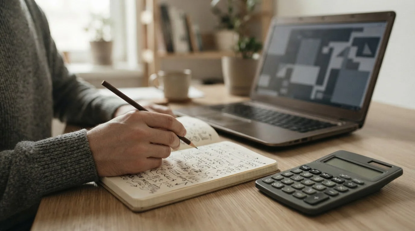 Manos con lápiz y calculadora haciendo cálculos encadenados en un cuaderno