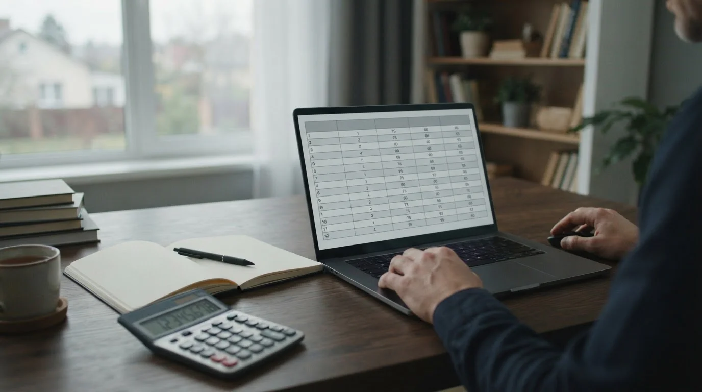 Calculadora, libreta abierta y portátil con una tabla comparativa sin nombres