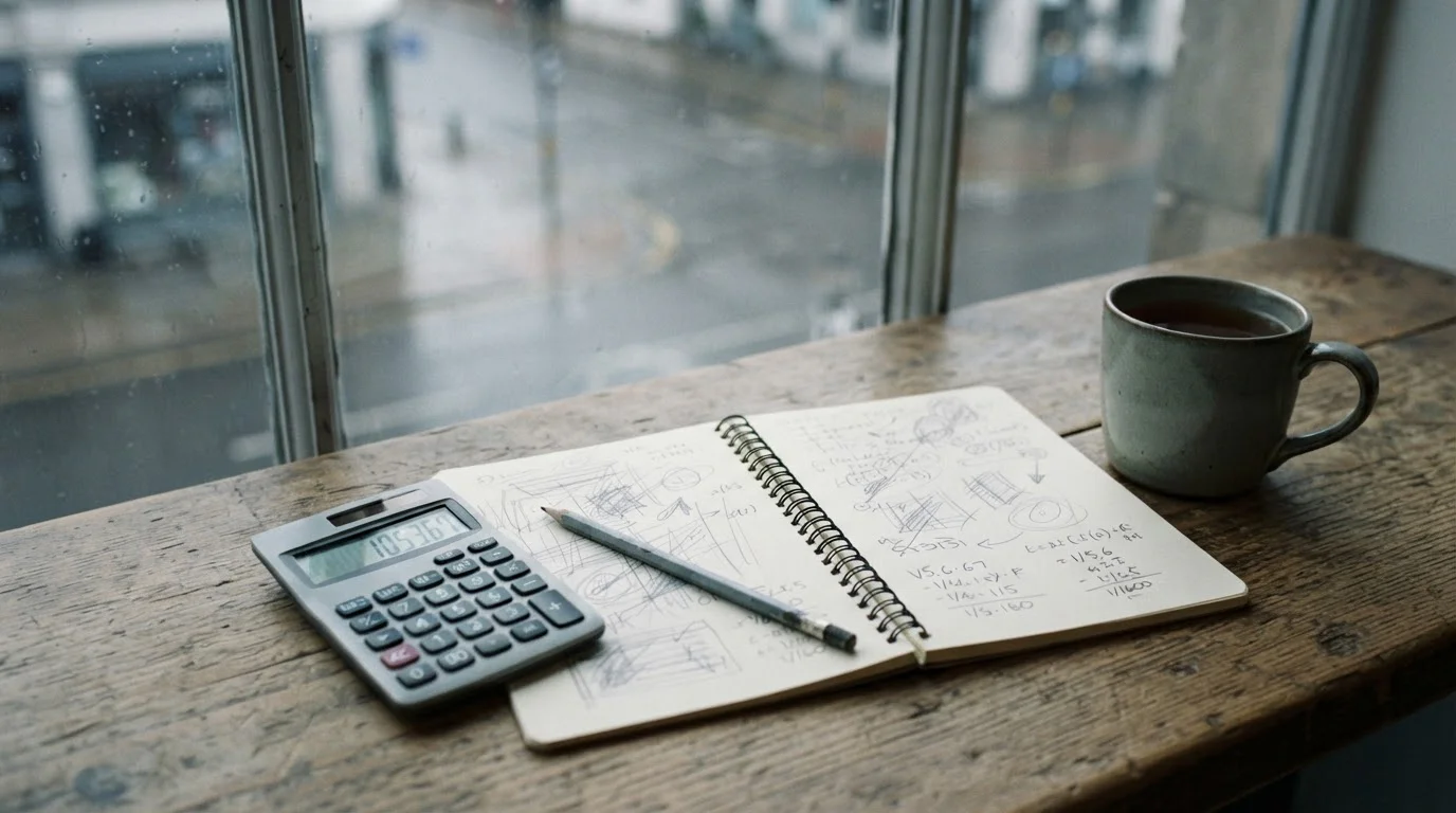 Cuaderno con anotaciones a lápiz junto a una calculadora y una taza de té