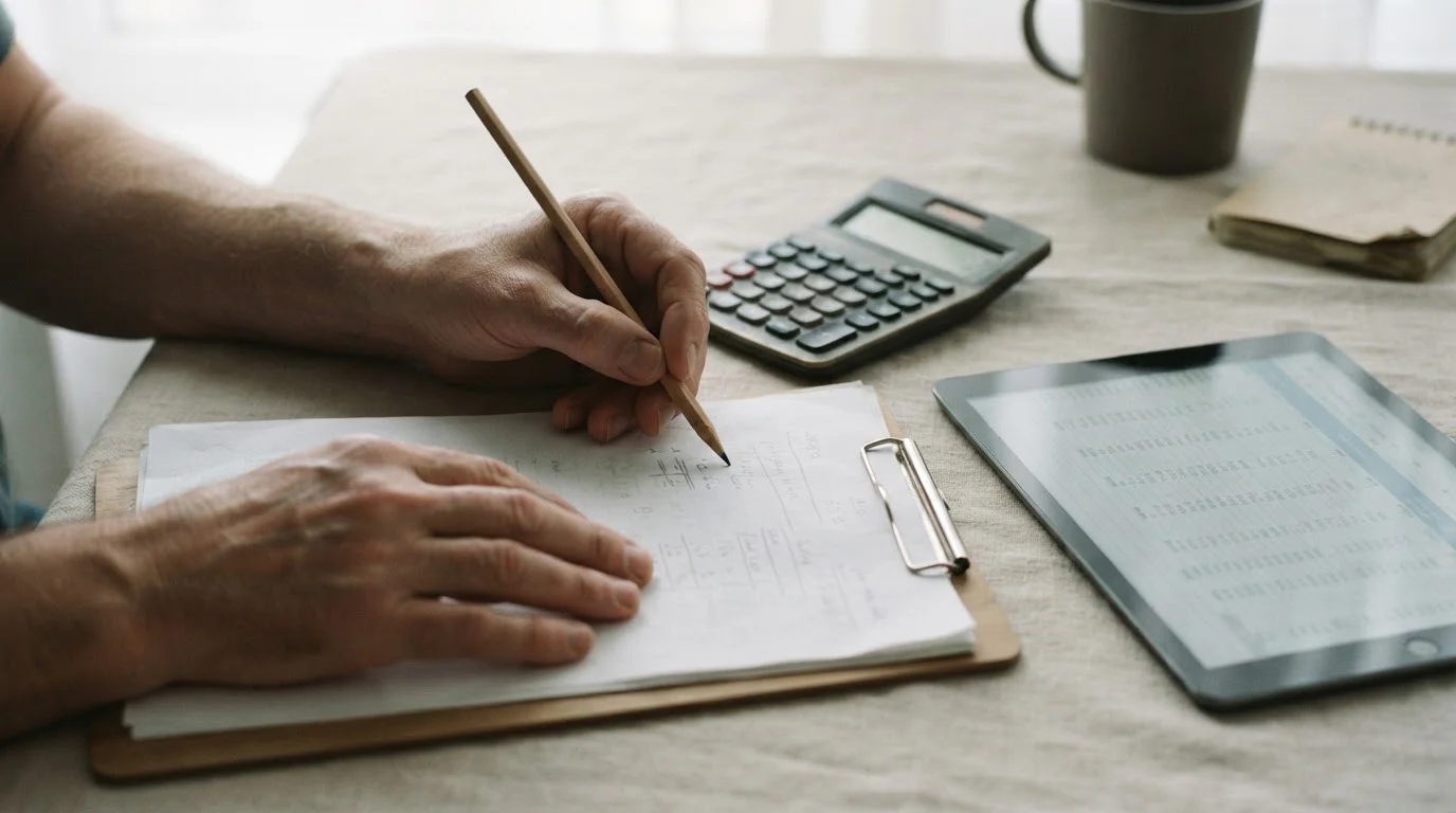 Manos con lápiz y calculadora junto a una tableta con filas de datos