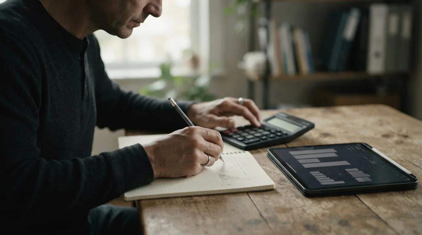 Manos con lápiz y calculadora junto a un cuaderno y una tableta con gráfico de barras neutro