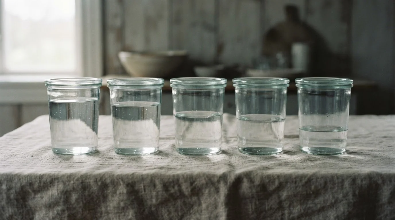 Cinco frascos de cristal en fila con el nivel de agua cada vez más bajo