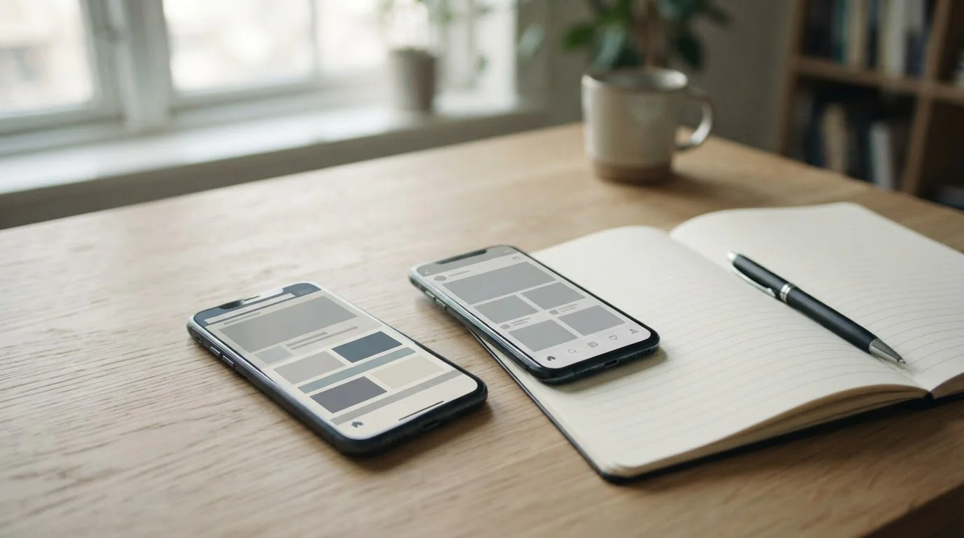 Dos móviles con interfaces neutras sobre un escritorio junto a un cuaderno de comparación