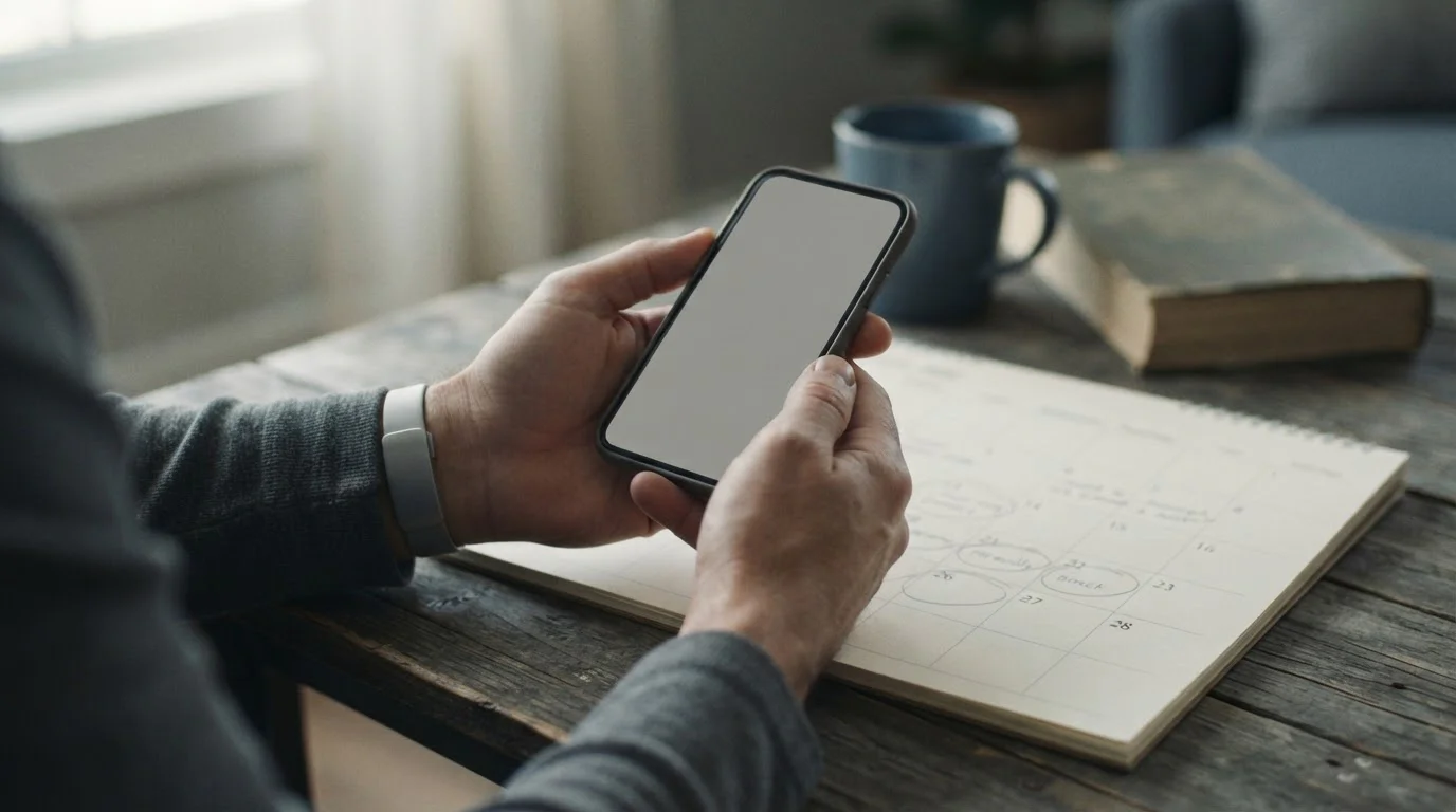 Manos con un móvil en pantalla de transferencia y un calendario con días marcados