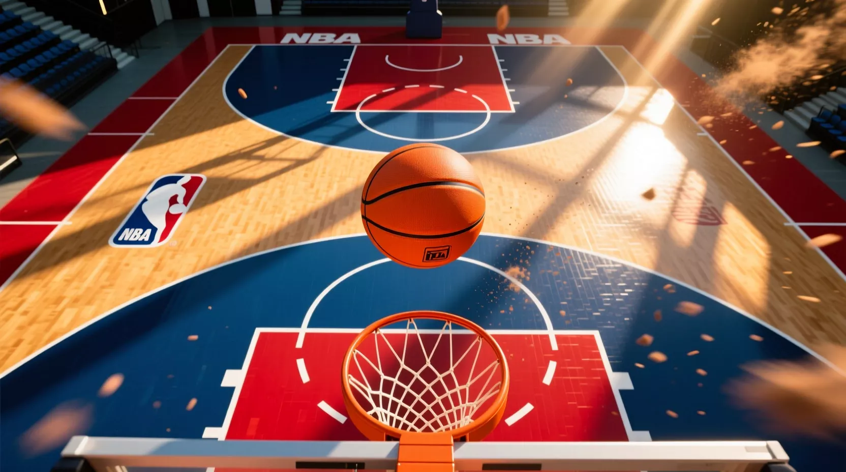 Vista aérea de cancha NBA con balón en movimiento - Resultados en directo 2026-27