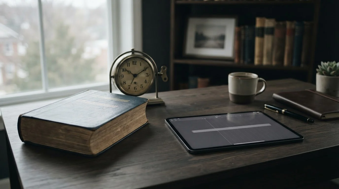 Libro de legislación cerrado, reloj de mesa y tableta con una línea de tiempo vacía