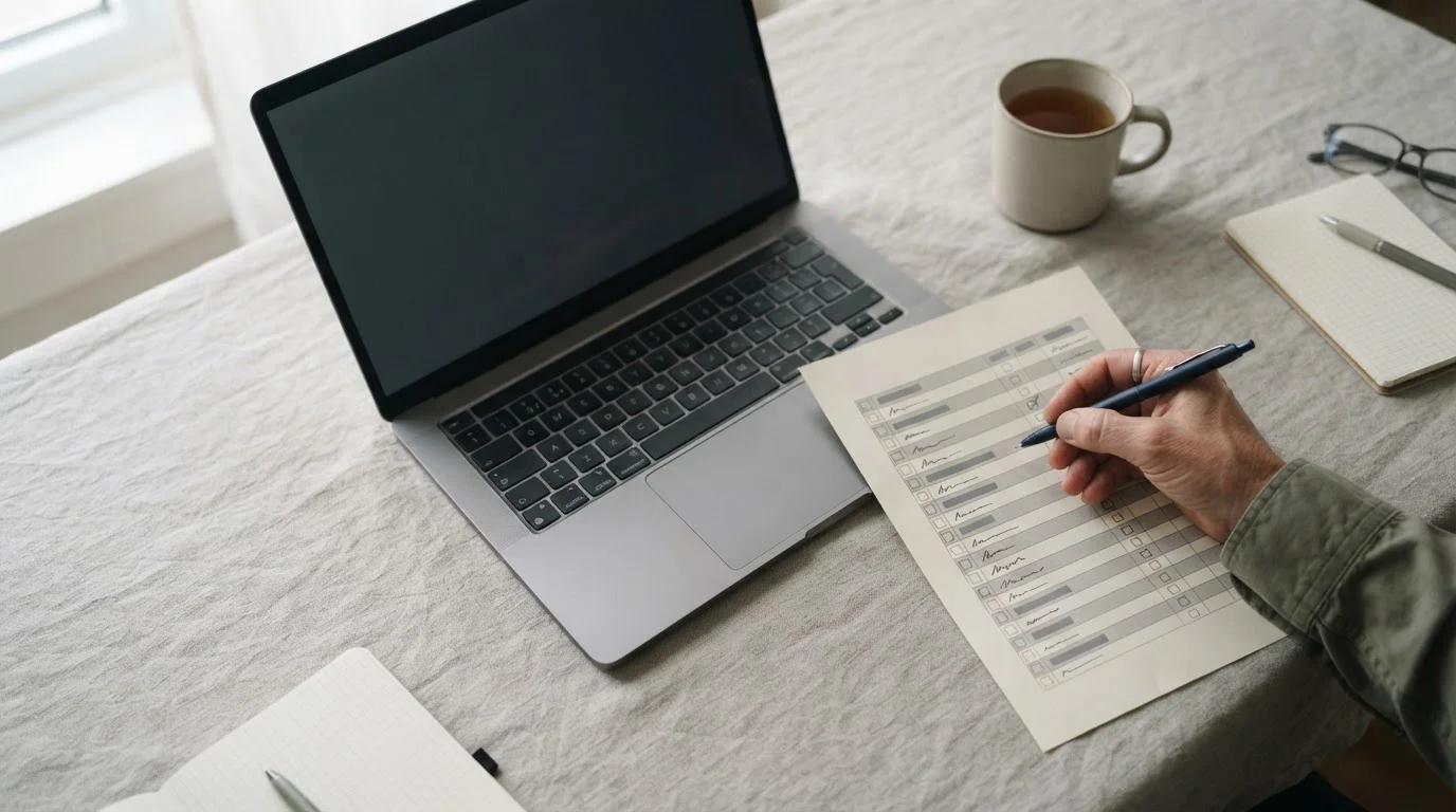 Portátil con una tabla comparativa sin nombres y una mano marcando una lista en papel