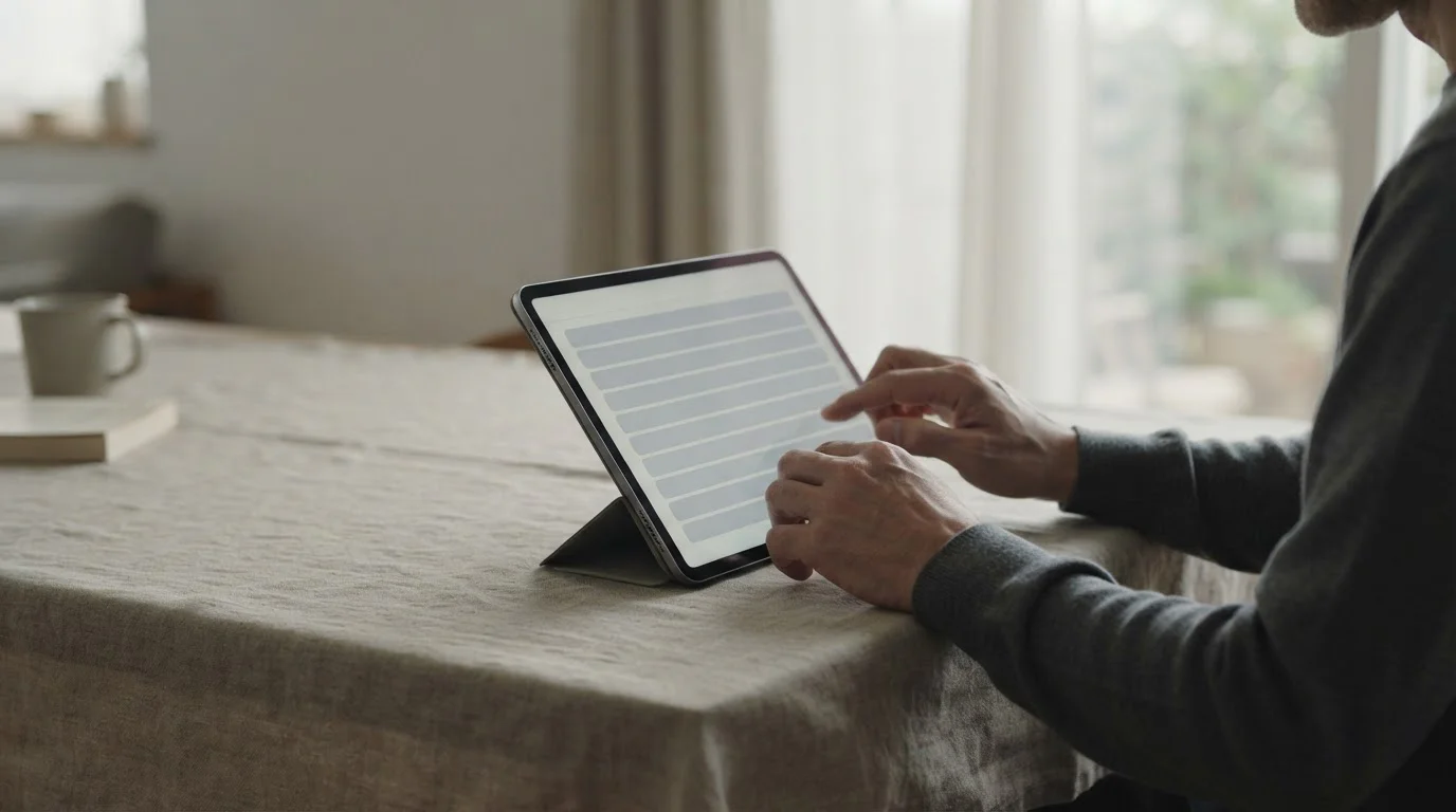 Manos revisando en una tableta una lista de diez filas sin nombres