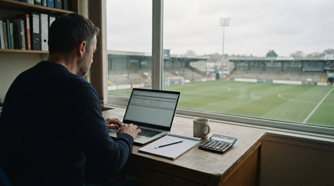 Escritorio con portátil, calculadora y libreta junto a una ventana con vistas a un campo de fútbol vacío