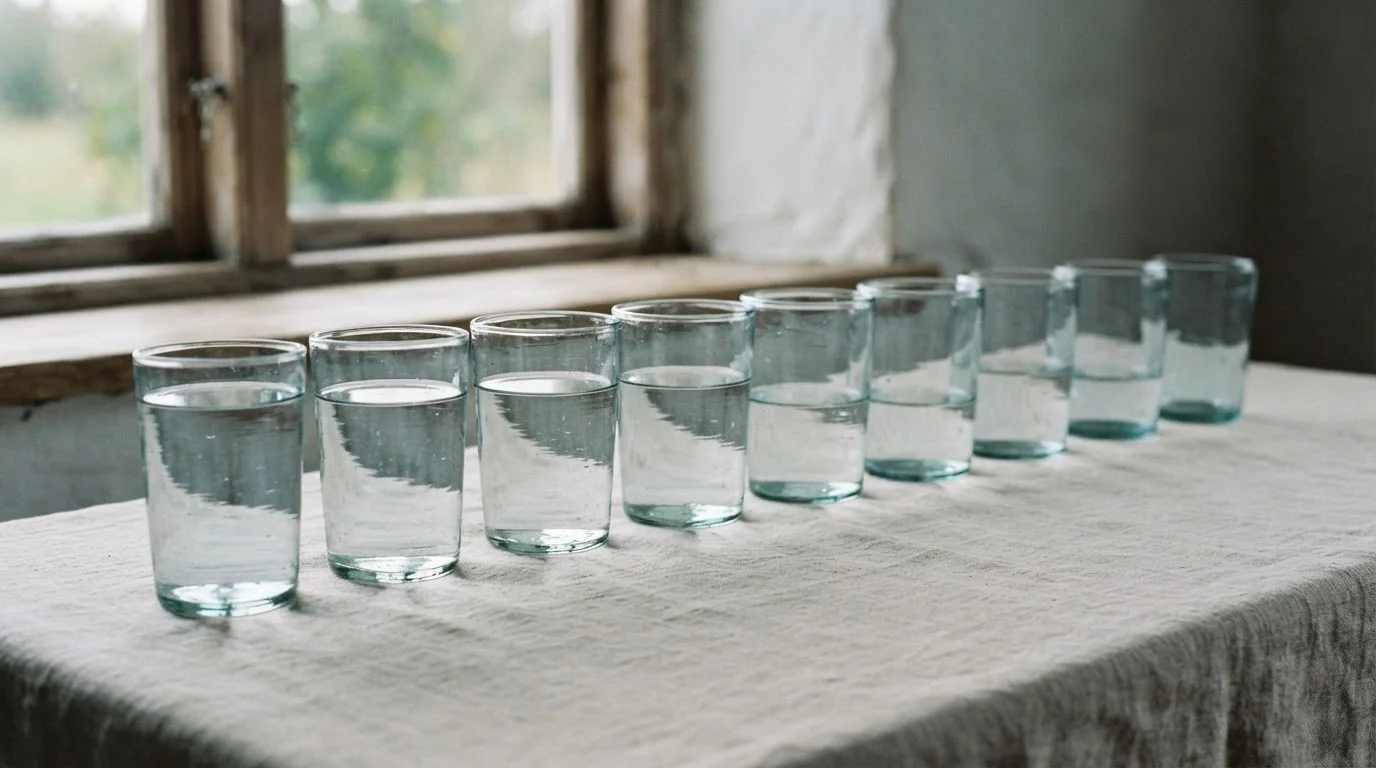 Fila de vasos de cristal con el nivel de agua más bajo en cada uno