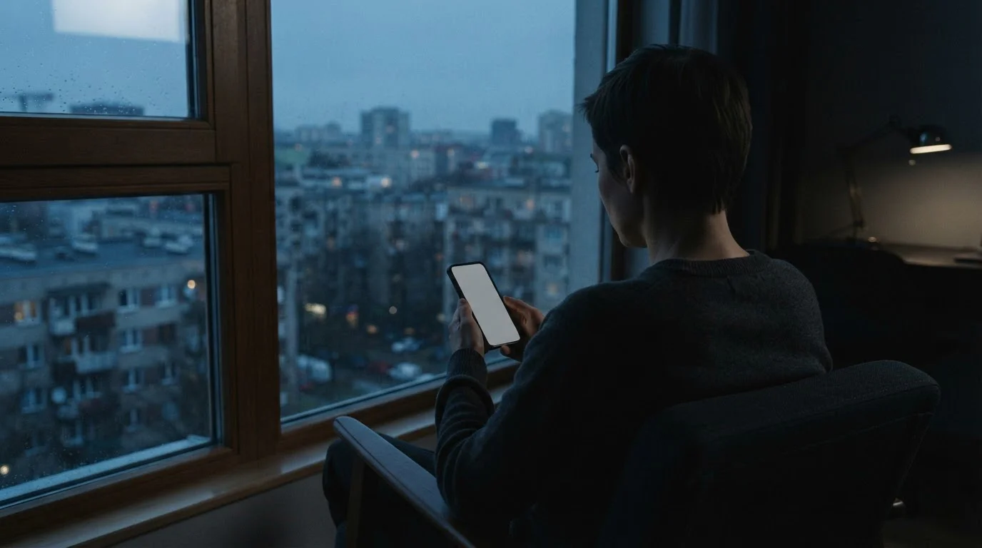 Persona de espaldas junto a una ventana al atardecer mirando un móvil con pantalla neutra