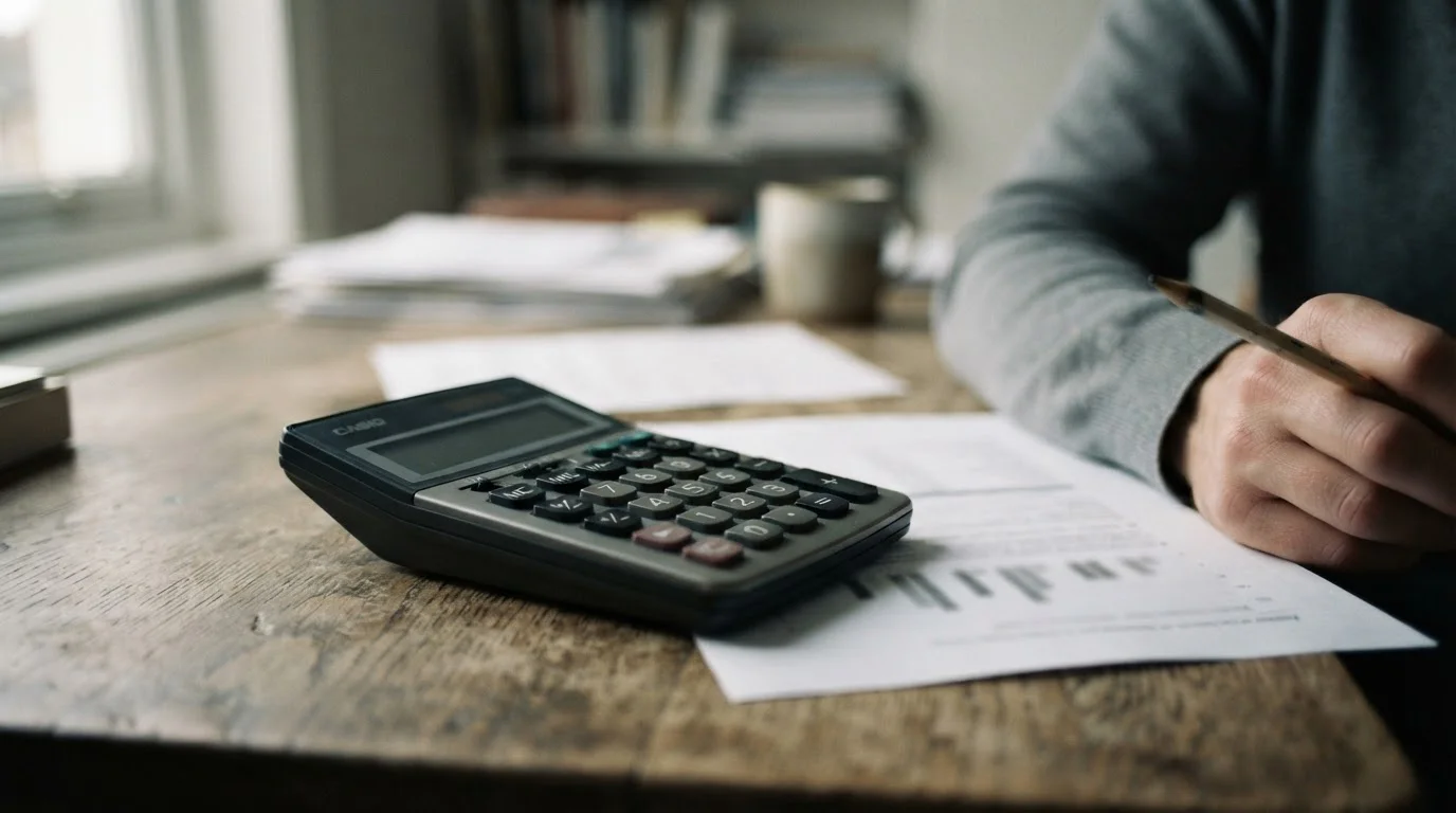 Calculadora y hoja de condiciones con un lápiz en la mano