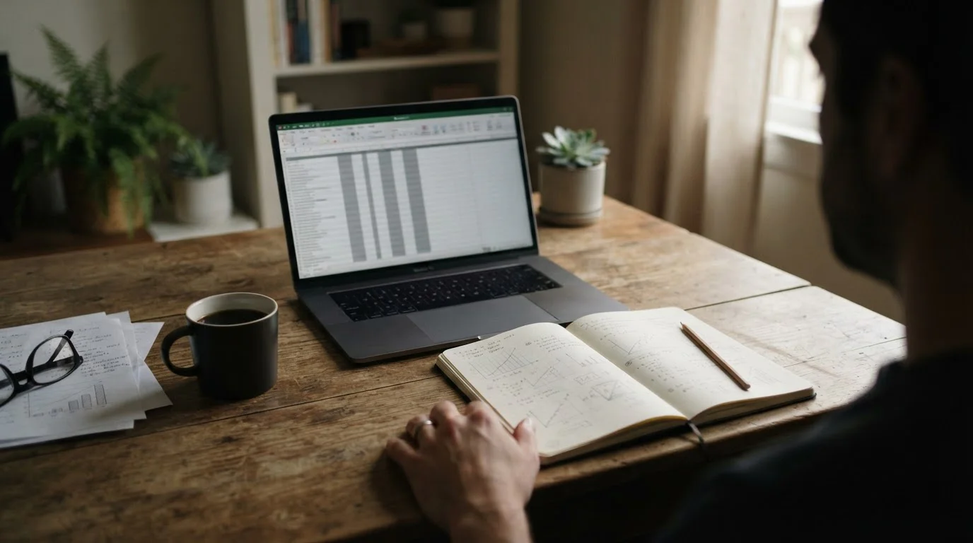 Escritorio con portátil y cuaderno para analizar tipos de apuestas