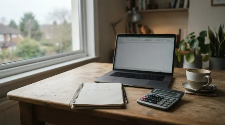 Escritorio con portátil, cuaderno con anotaciones a lápiz y calculadora junto a una ventana