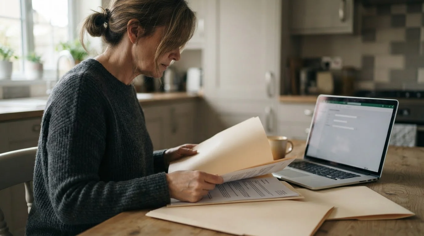 Persona de perfil revisando documentos y un formulario vacío en el portátil
