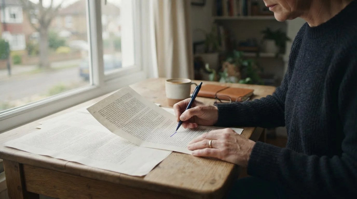 Manos subrayando las condiciones de un bono en un documento impreso