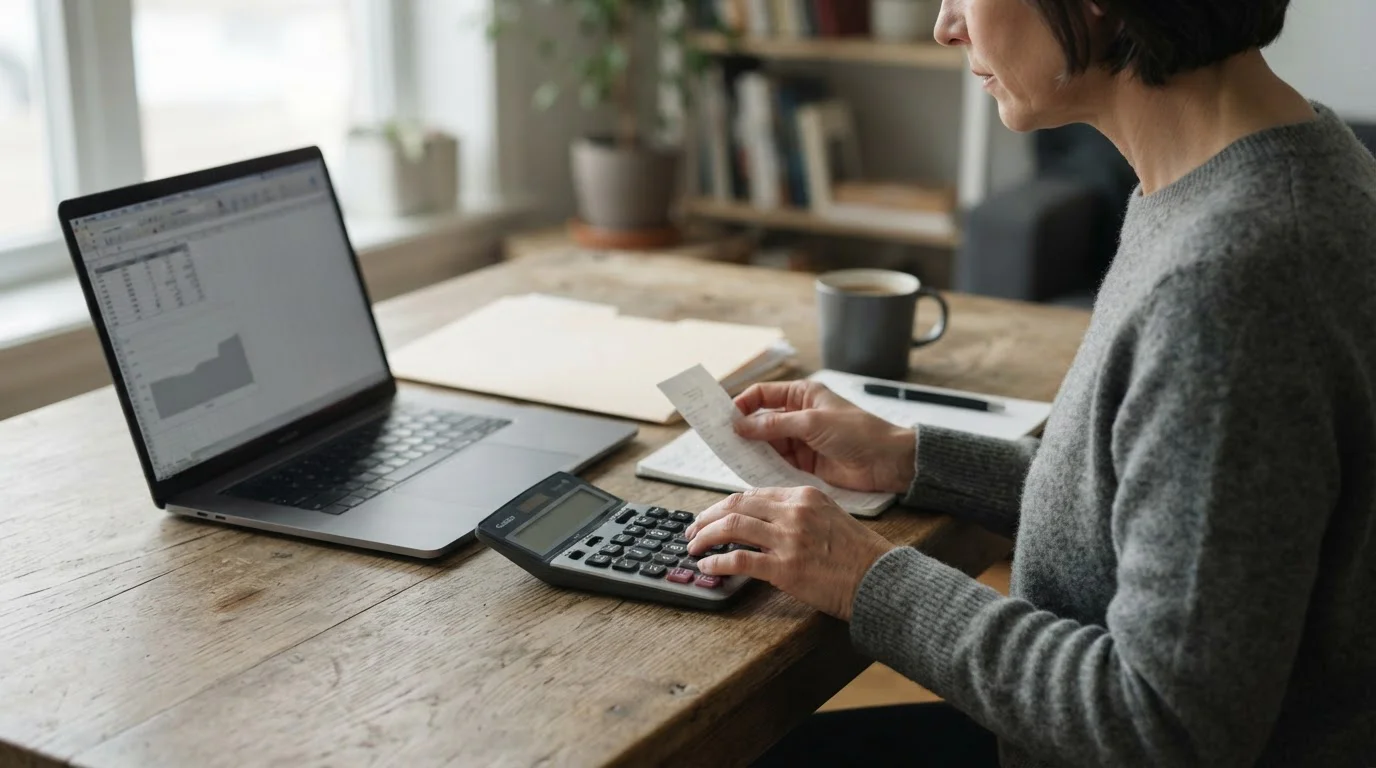 Manos con una calculadora junto a un portátil con una tabla neutra