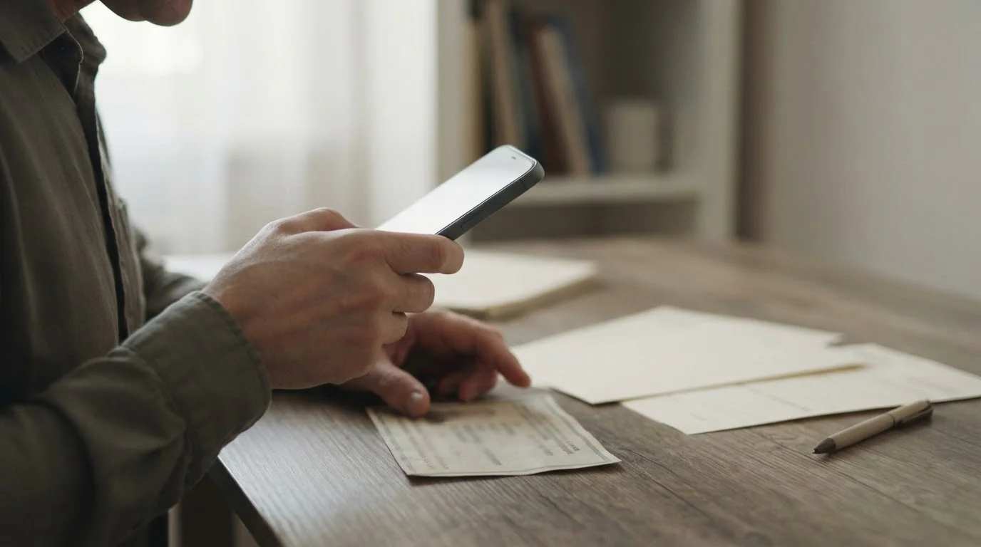 Manos fotografiando un documento de identidad con el móvil junto a formularios